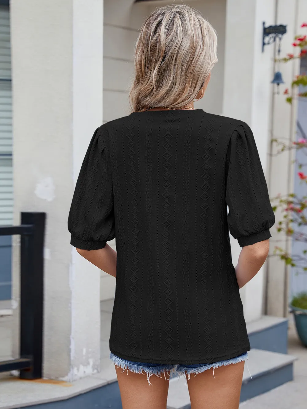 Eyelet V-Neck Puff Sleeve Casual Top, image 13