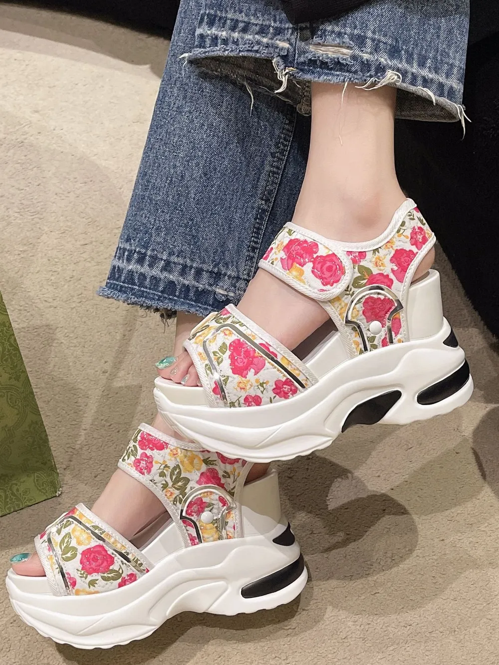 Floral Platform Wedge Sandals with Velcro, image 4