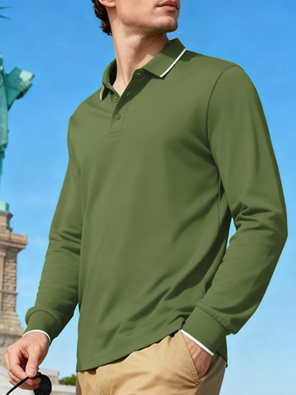 Men's Full Size Classic Long-Sleeve Polo Shirt with Contrast Trim Plus Size, image 8