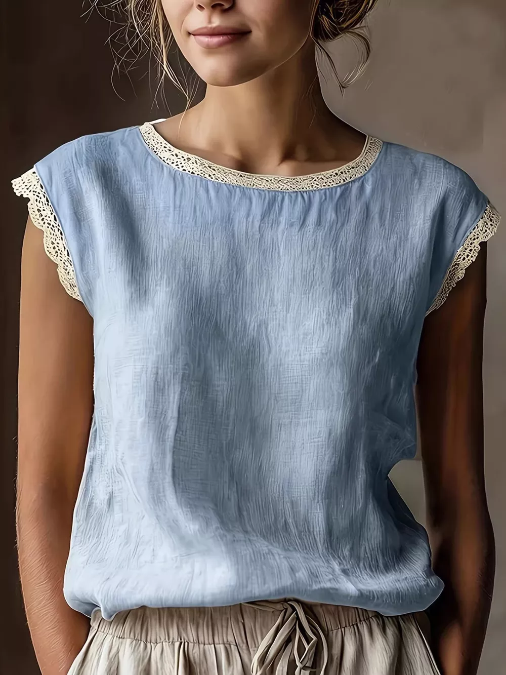 Lace Trim Round Neck Sleeveless Blouse, image 3