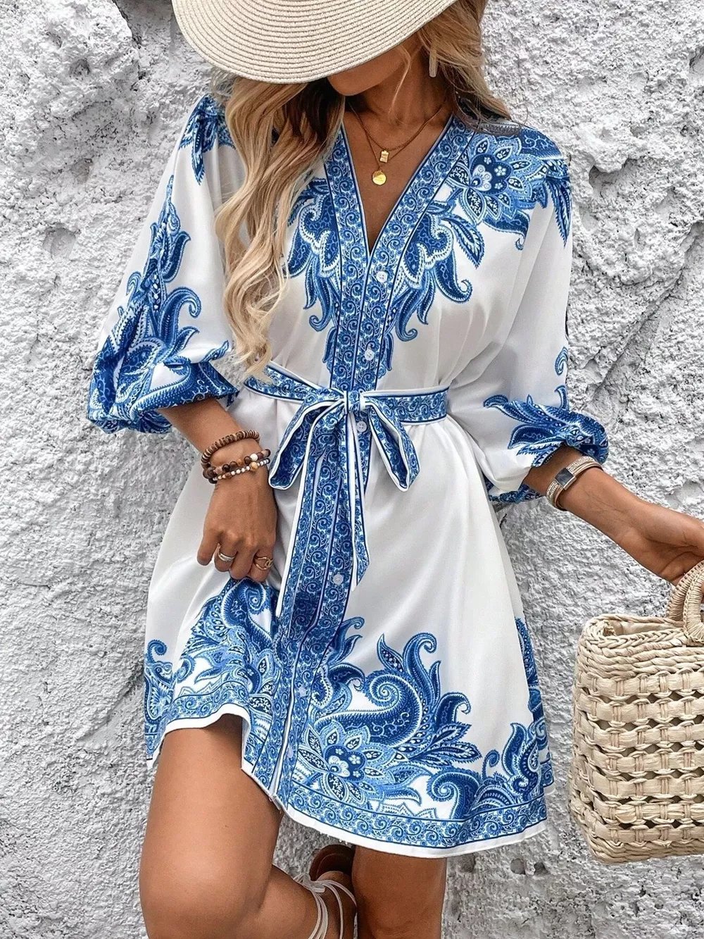 Paisley Print V-Neck Belted Mini Dress, image 3