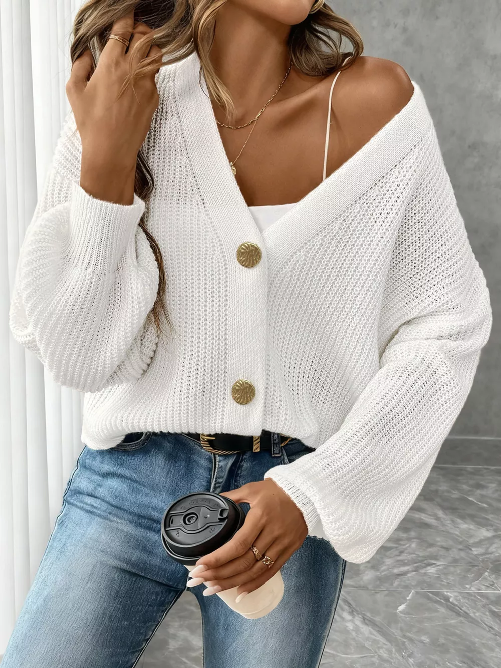 Elegant V-Neck Button-Down Ribbed Knit Cardigan, image 7