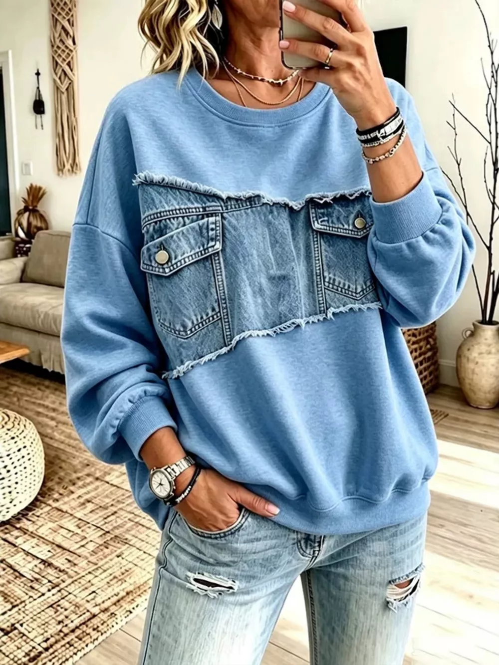 Full Size Denim Patchwork Dropped Shoulder Sweatshirt Plus Size, image 7