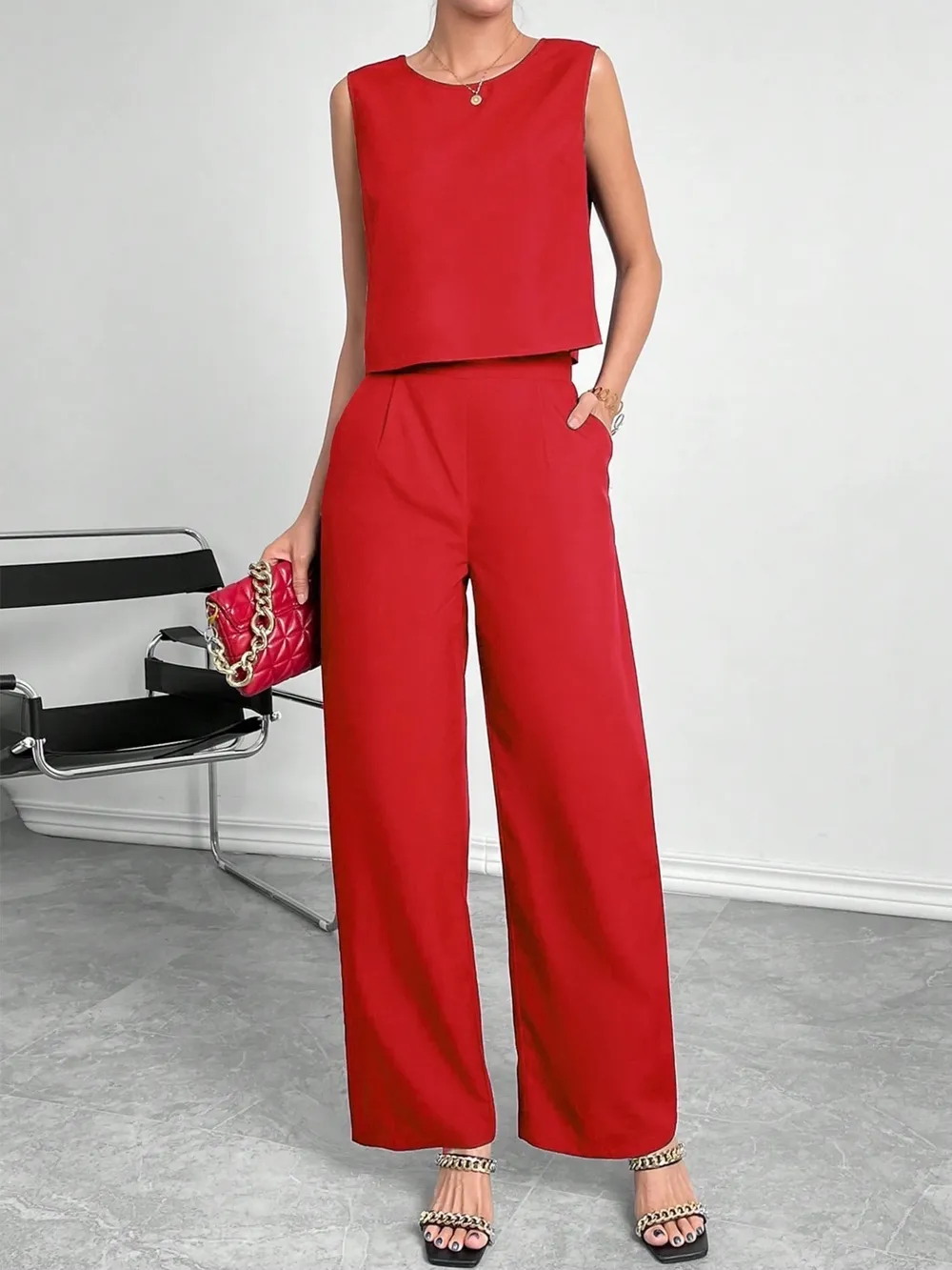 Round Neck Top and Pants Set, image 4