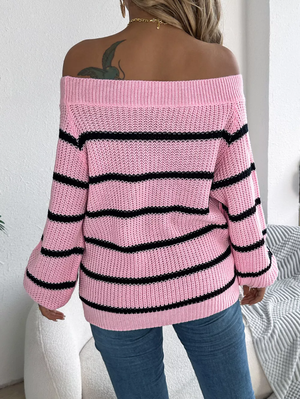 Off-Shoulder Striped Contrast Sweater, image 3
