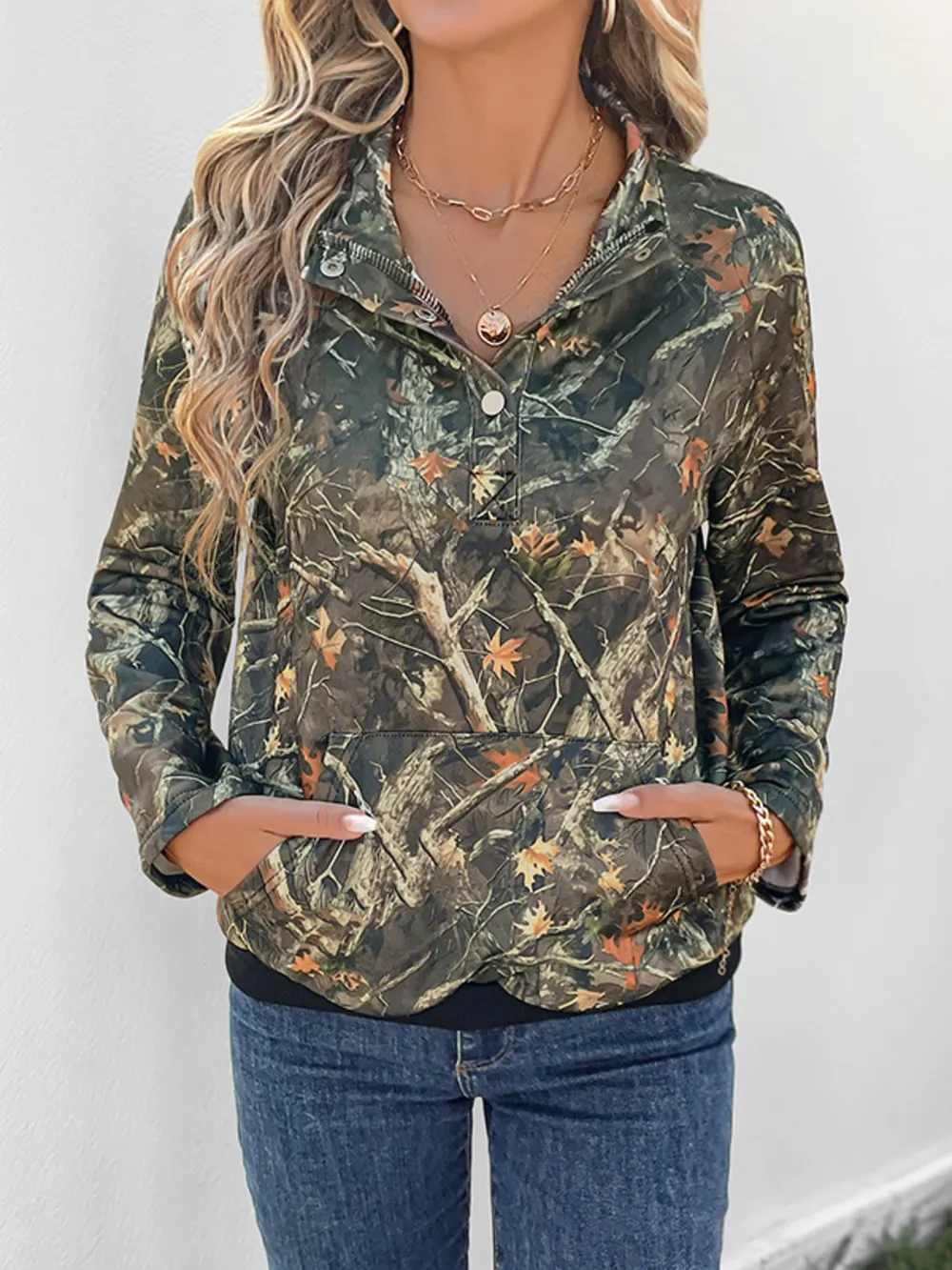Printed Kangaroo Pocket Long Sleeve Sweatshirt, image 2