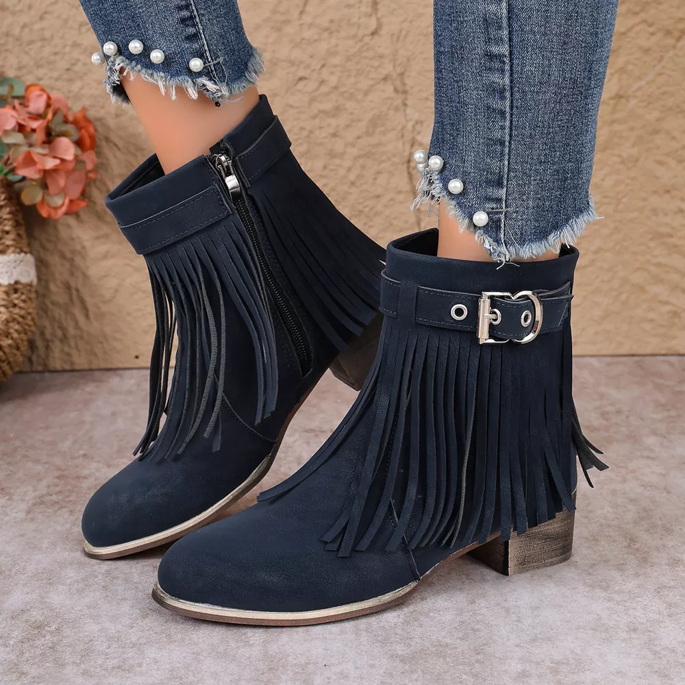Fringe Ankle Boots with Buckle Detail, image 4