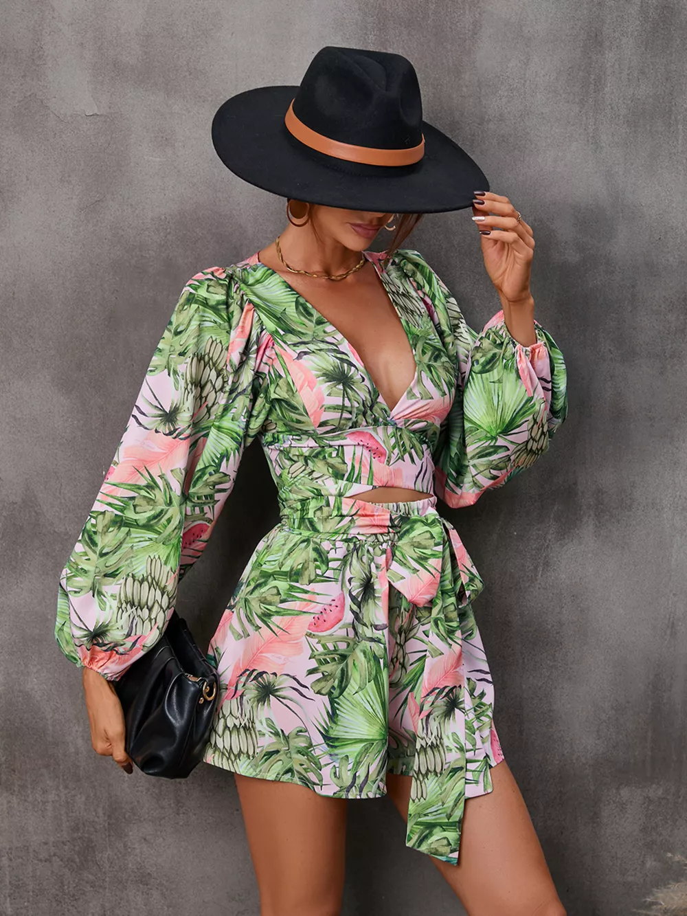 Cutout Front Printed Long Sleeve Romper, image 26
