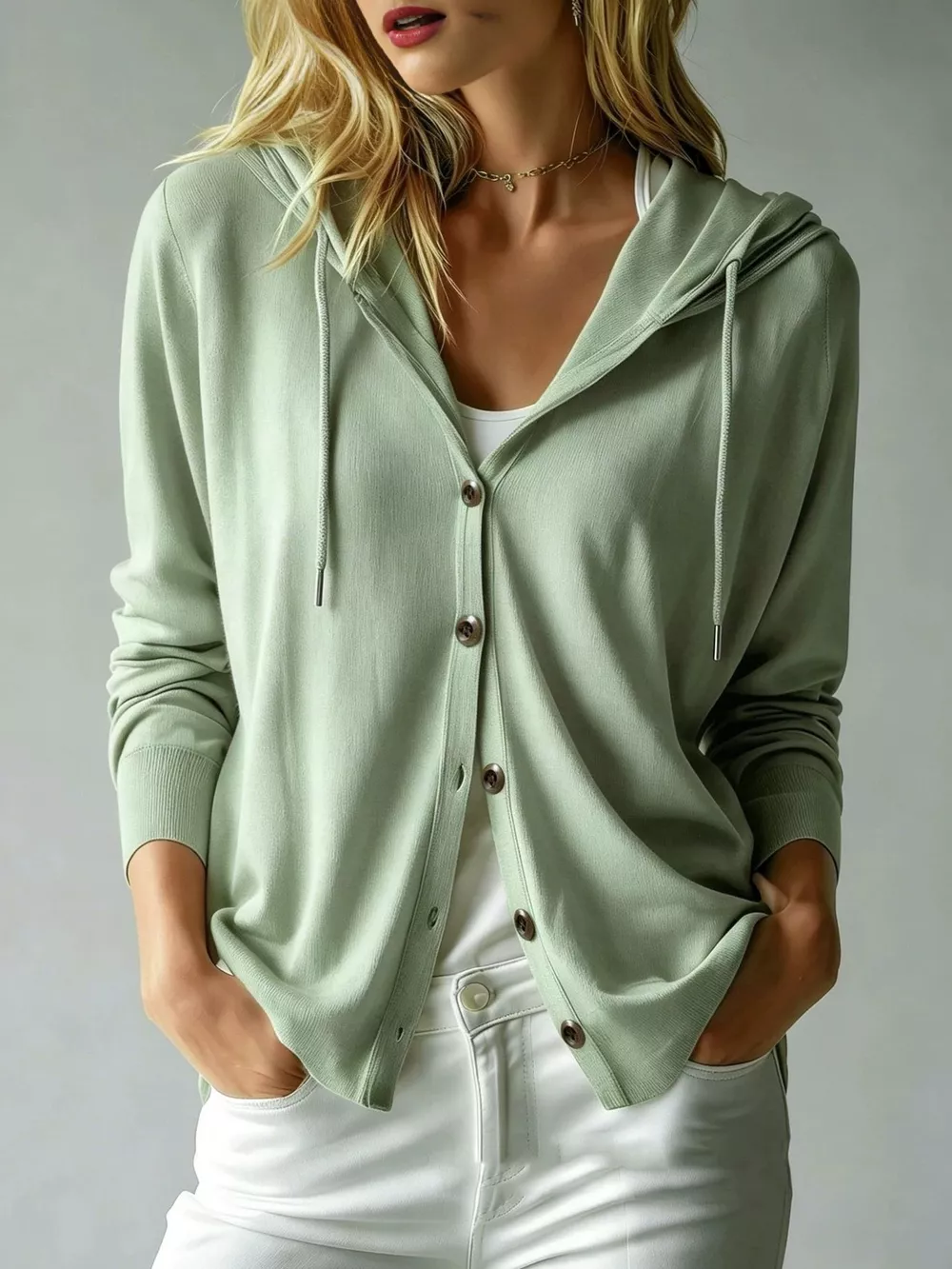 Drawstring Button Down Hooded Cardigan, image 2