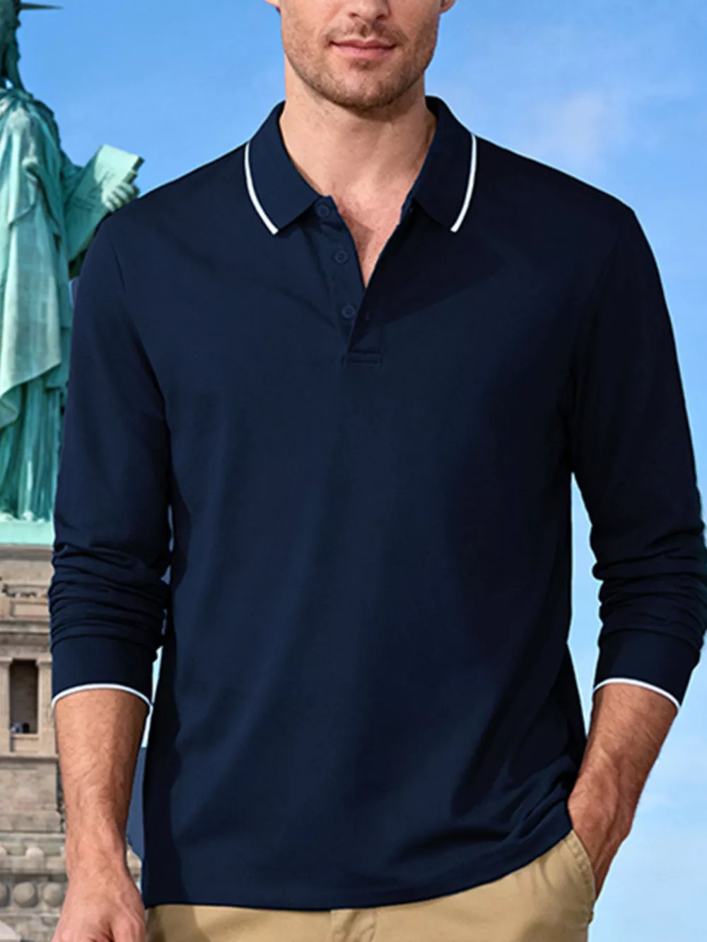 Men's Full Size Classic Long-Sleeve Polo Shirt with Contrast Trim Plus Size, image 10