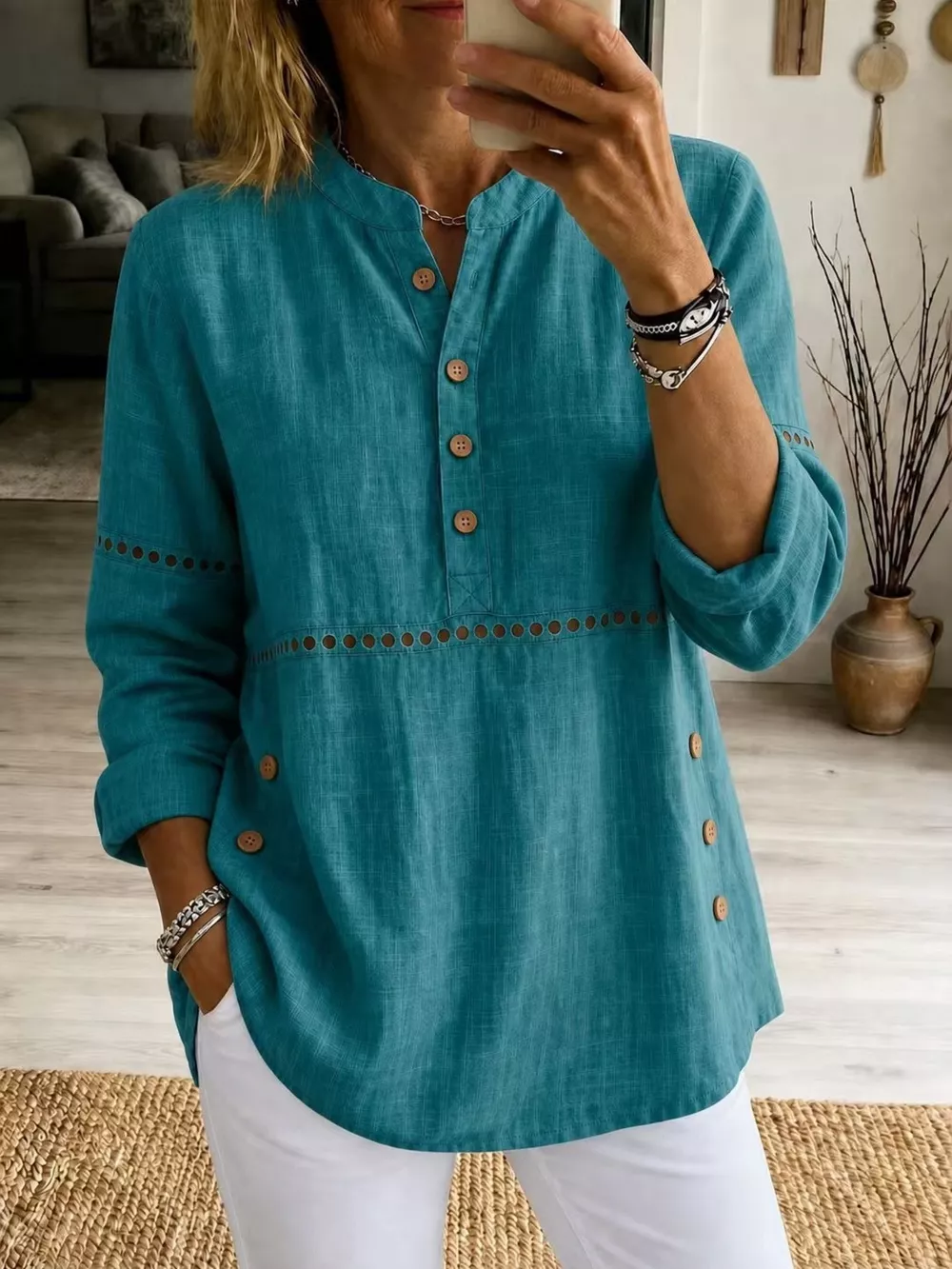 Full Size Button Detail Eyelet Long Sleeve Blouse Plus Size, image 19