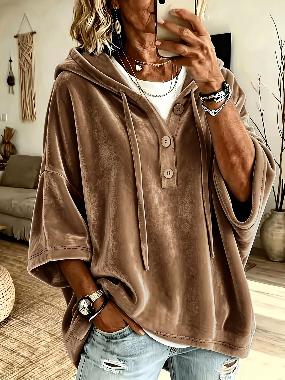 Full Size Velvet Button Detail Drawstring Hoodie Plus Size, image 8