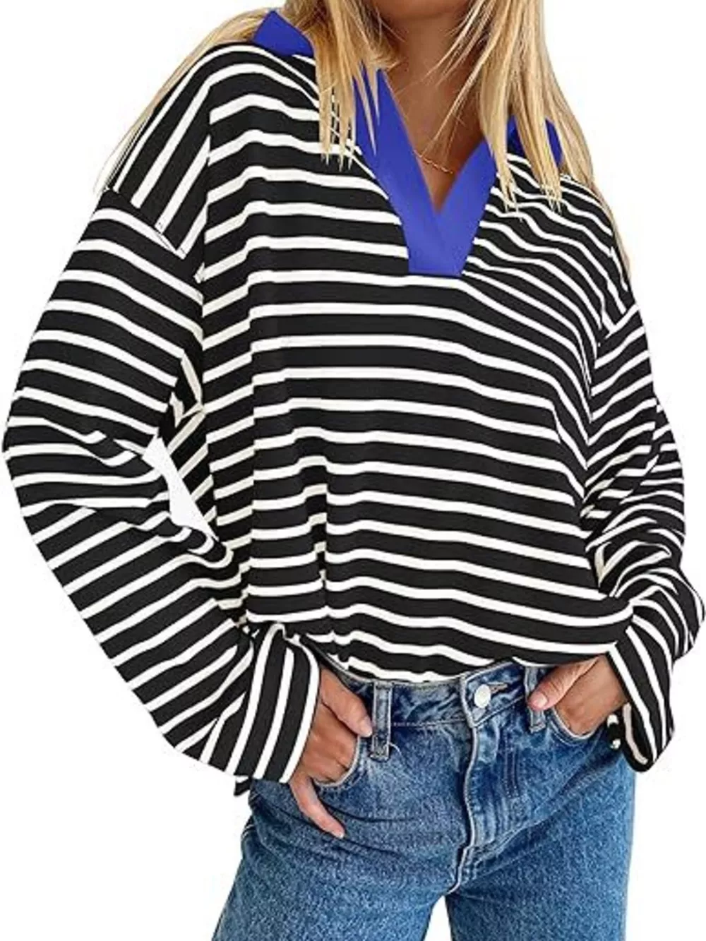 Striped Contrast Collar Long Sleeve Top, image 14