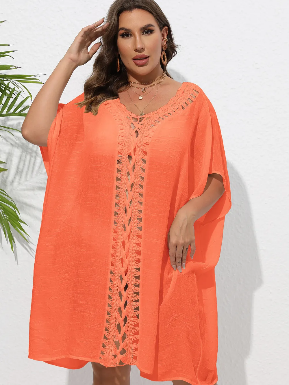 Crochet Trim V-Neck Beach Cover Up Dress, image 32