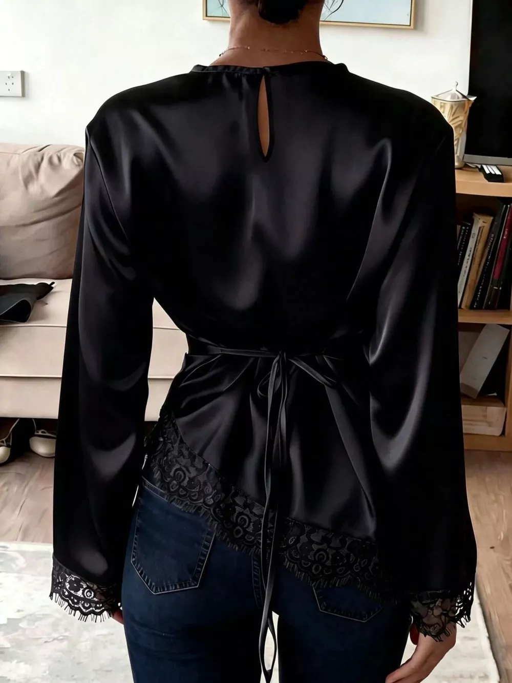 Satin Lace Trim Flare Sleeve Blouse, image 8
