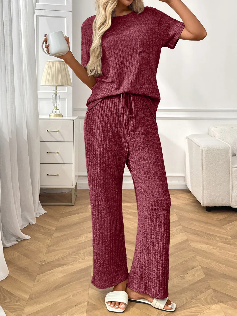 Ribbed Knit Short Sleeve Top and Pants Lounge Set, image 8