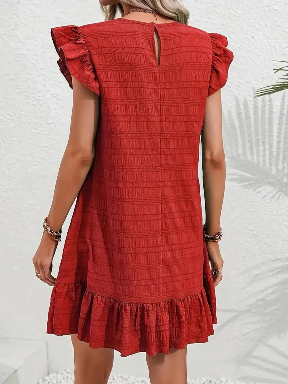 Full Size Ruffled Flutter Sleeve Textured Mini Dress Plus Size, image 15