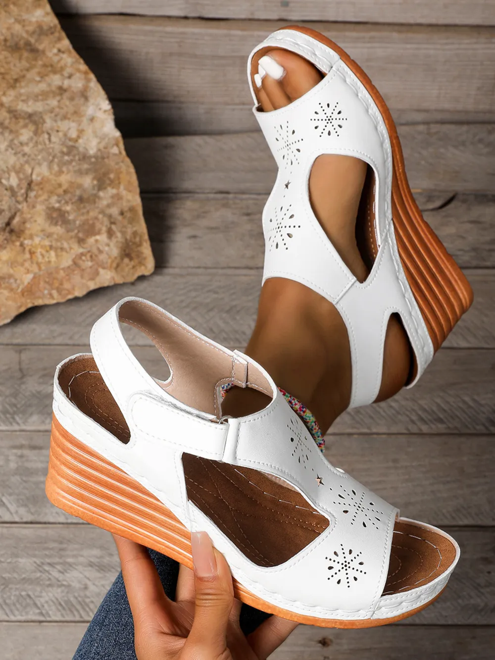 Perforated Wedge Sandals with Ankle Strap, image 9