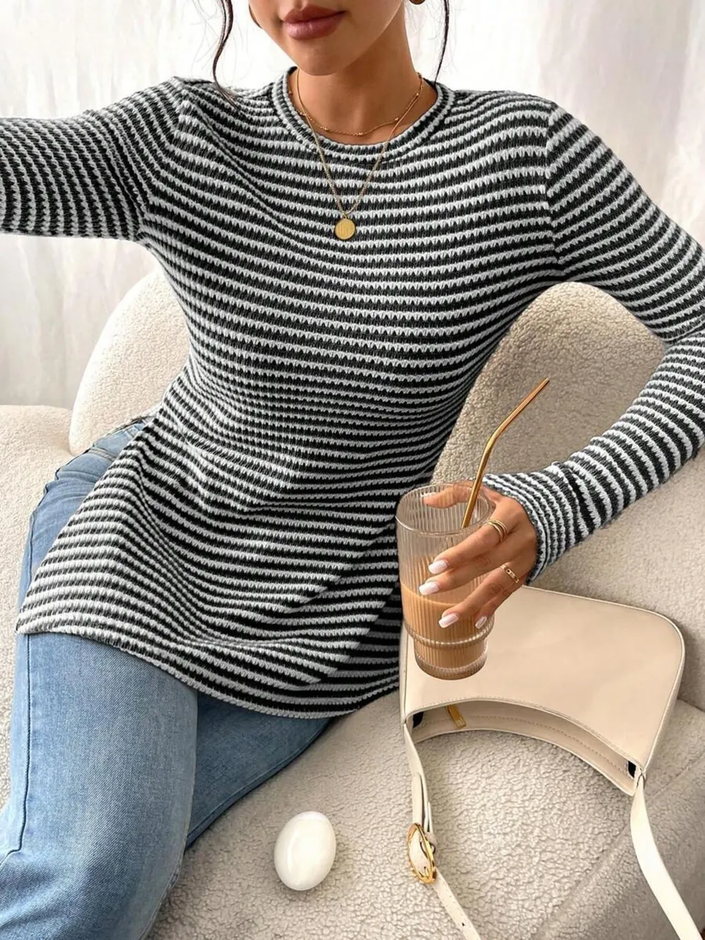 Side Slit Striped Long Sleeve T-Shirt, image 13