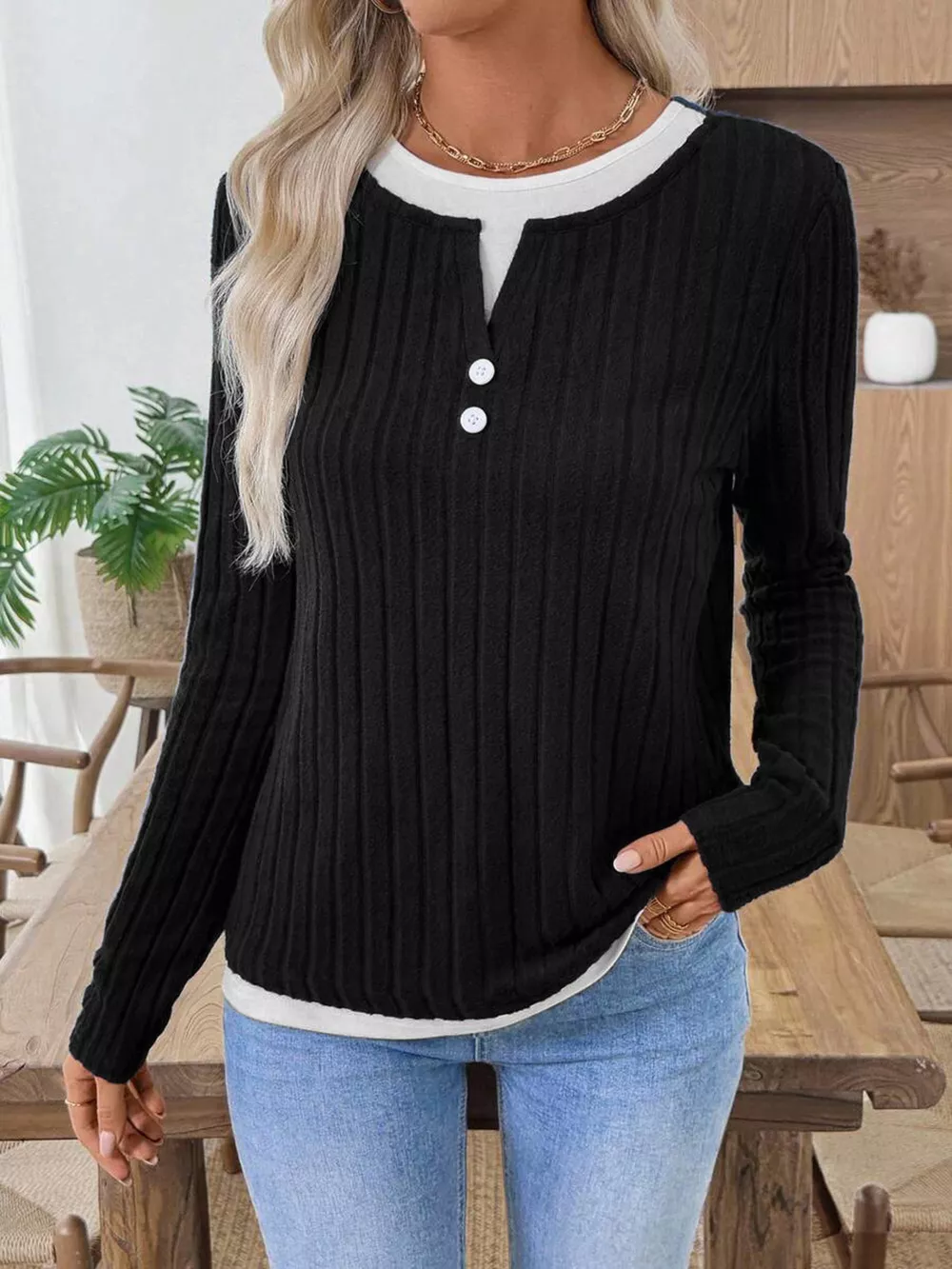 Ribbed Knit Button Detail Contrast Sweater