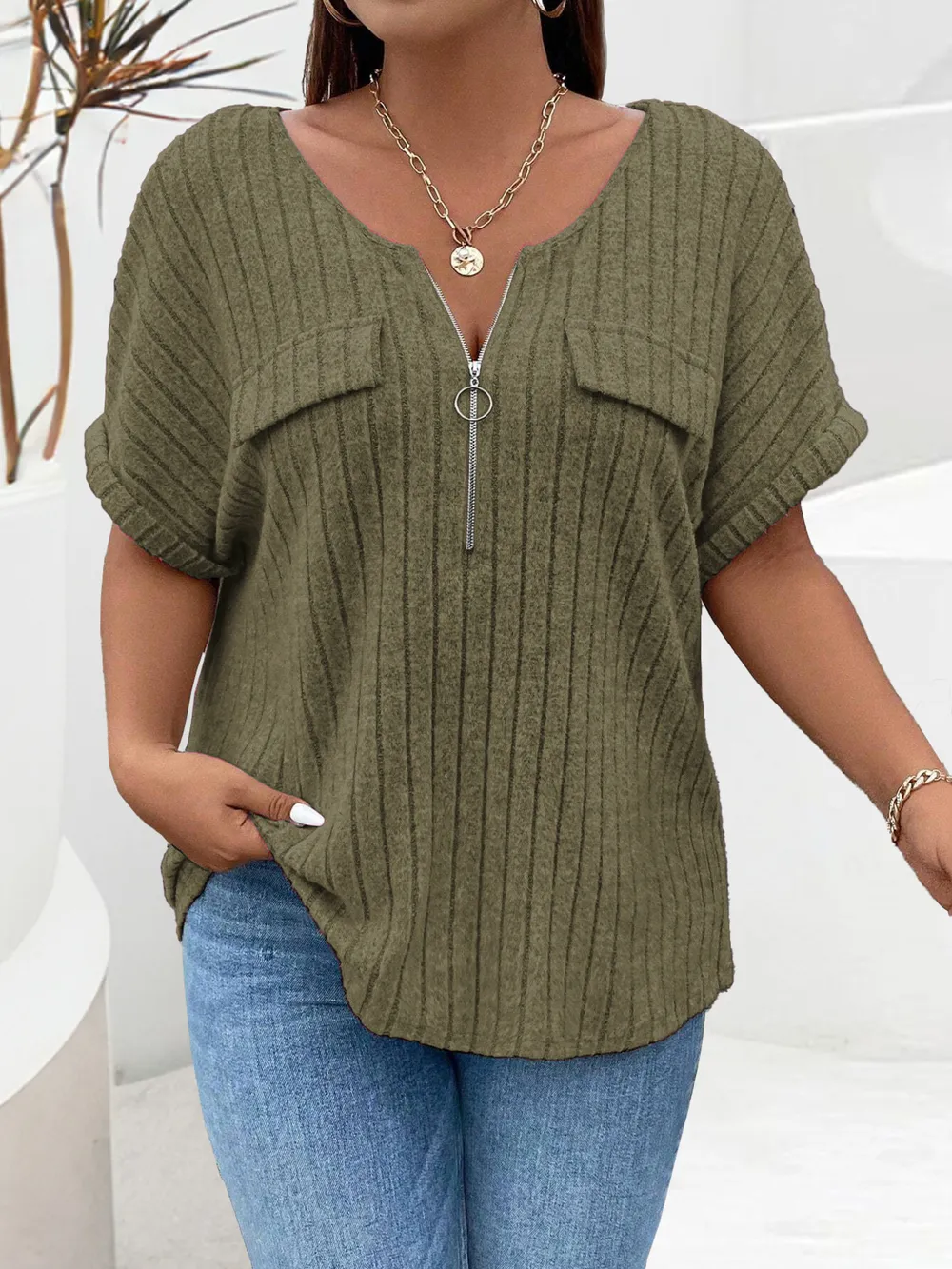 Plus Size Ribbed Half Zip Relaxed Fit T-Shirt, image 21