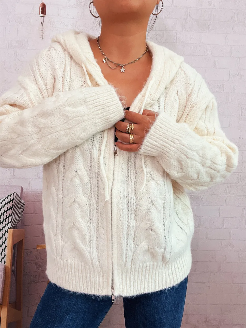 Cable Knit Hooded Zip-Up Cardigan, image 9