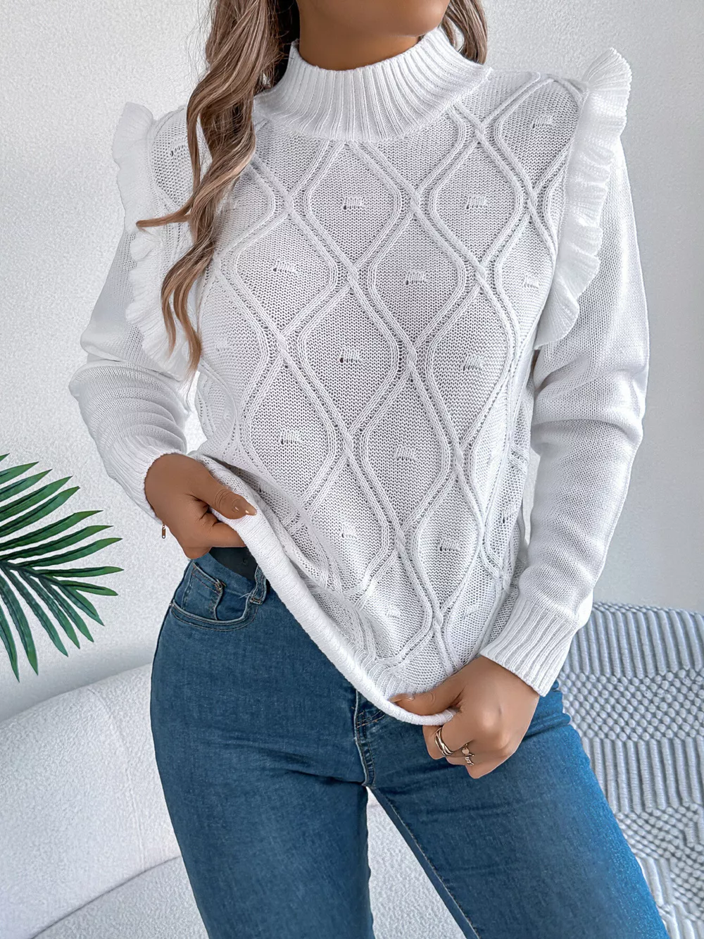 Mock Neck Ruffle Trim Long Sleeve Sweater, image 11