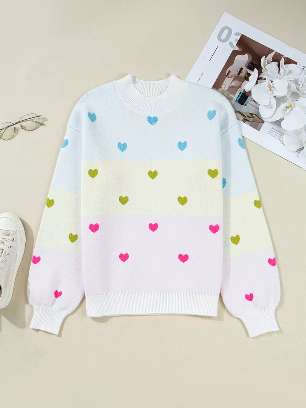 Multicolour Heart Pattern Dropped Shoulder Sweater, image 8