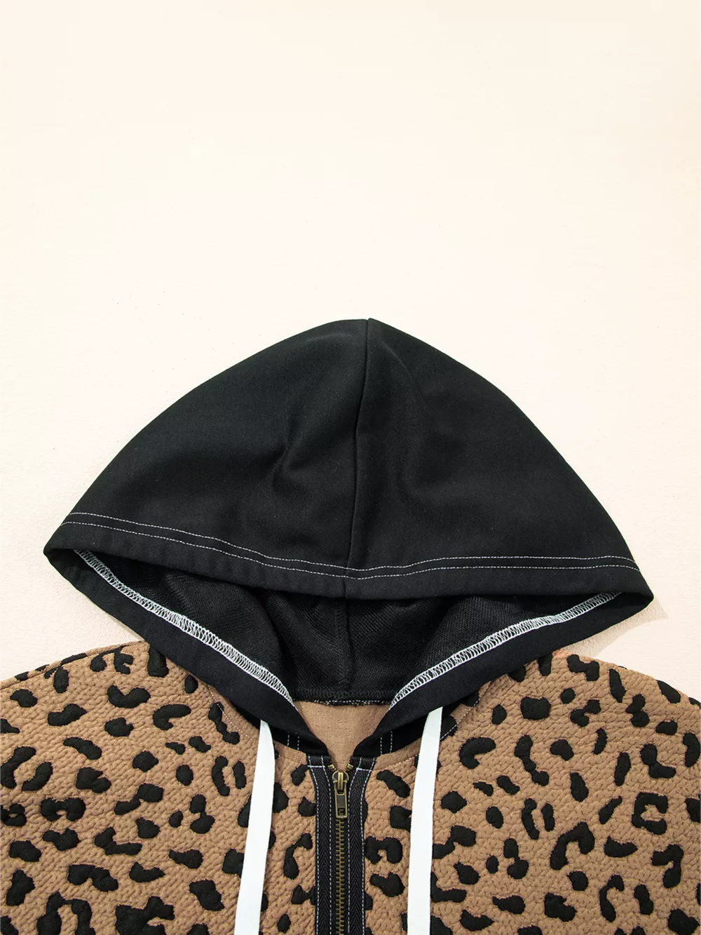 Leopard Patchwork Contrast Stitching Knotted Cuff Quarter Zip Hoodie, image 10