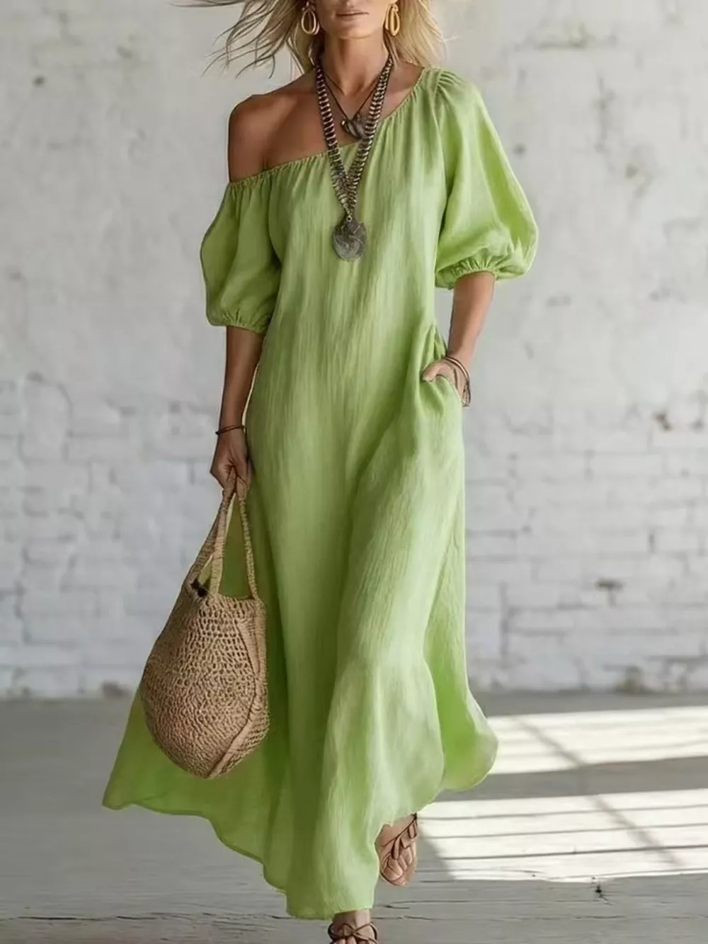 One-Shoulder Puff Sleeve Maxi Dress, image 4