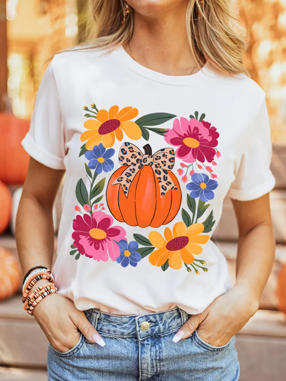 Pumpkin Floral Graphic Round Neck T-Shirt, image 3