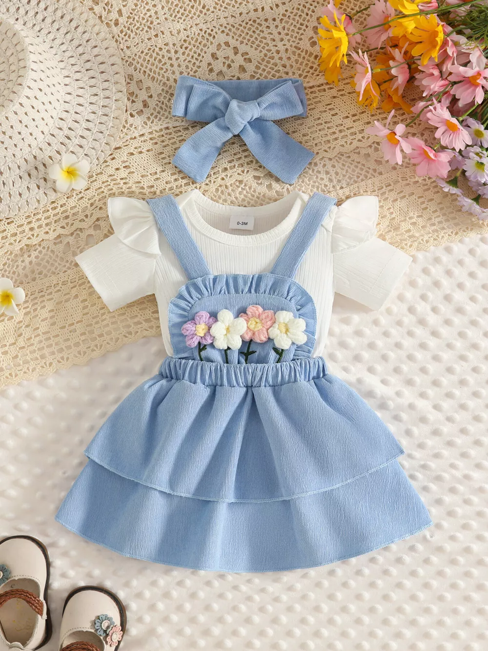 Children's Ribbed Top and Floral Overall Dress Set with Headband, image 8