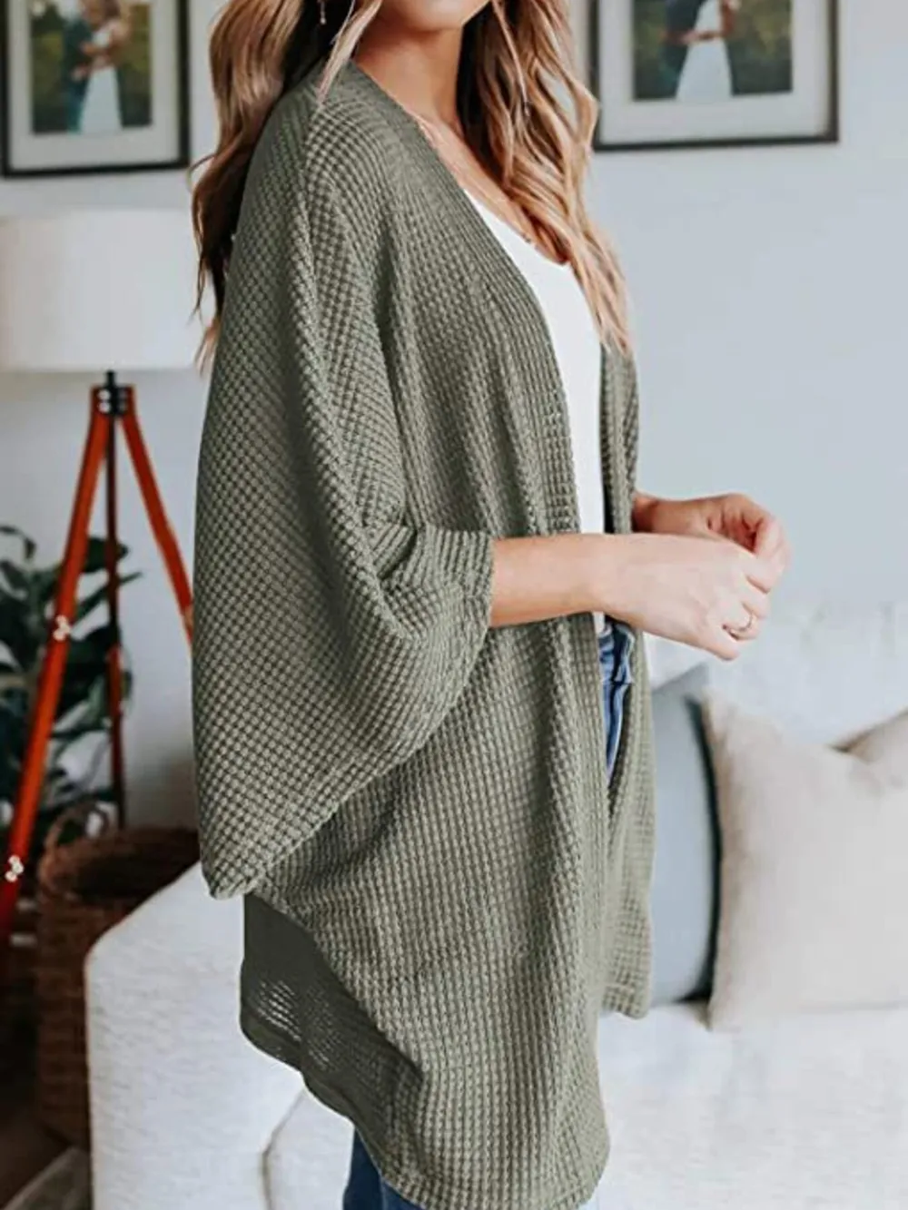 Full Size Open Front Waffle Knit Cardigan Plus Size, image 20