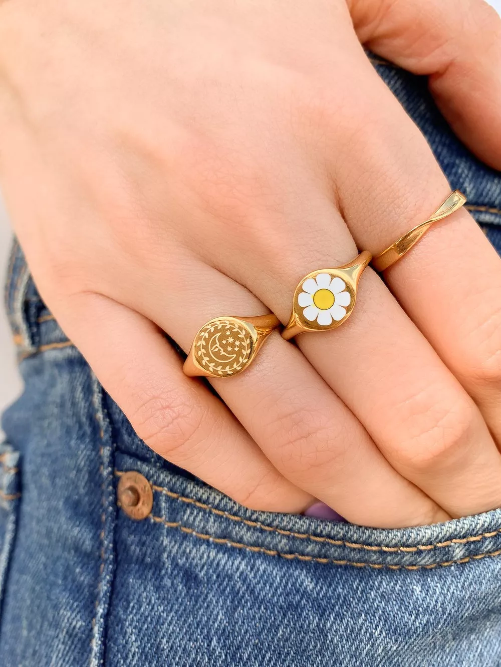 18K Gold-Plated Sun Motif Signet Ring, image 5