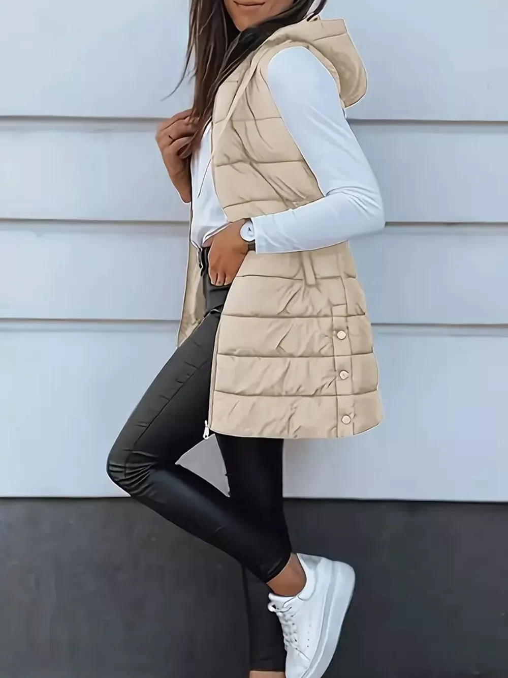 Zip Up Longline Hooded Puffer Vest Coat, image 4