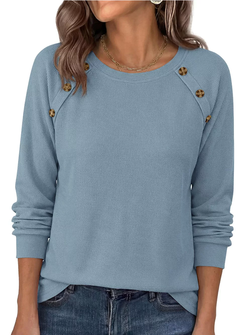 Decorative Button Waffle Knit Long Sleeve T-Shirt, image 12
