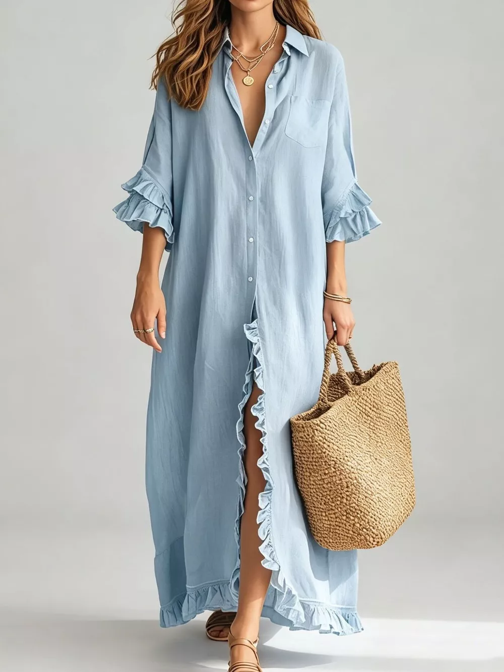 Full Size Ruffled Trim Button-Down Maxi Shirt Dress Plus Size, image 5