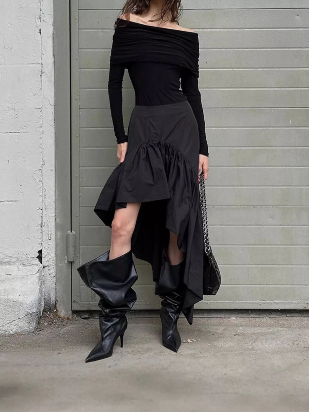 Asymmetrical Ruffle Hem Midi Skirt