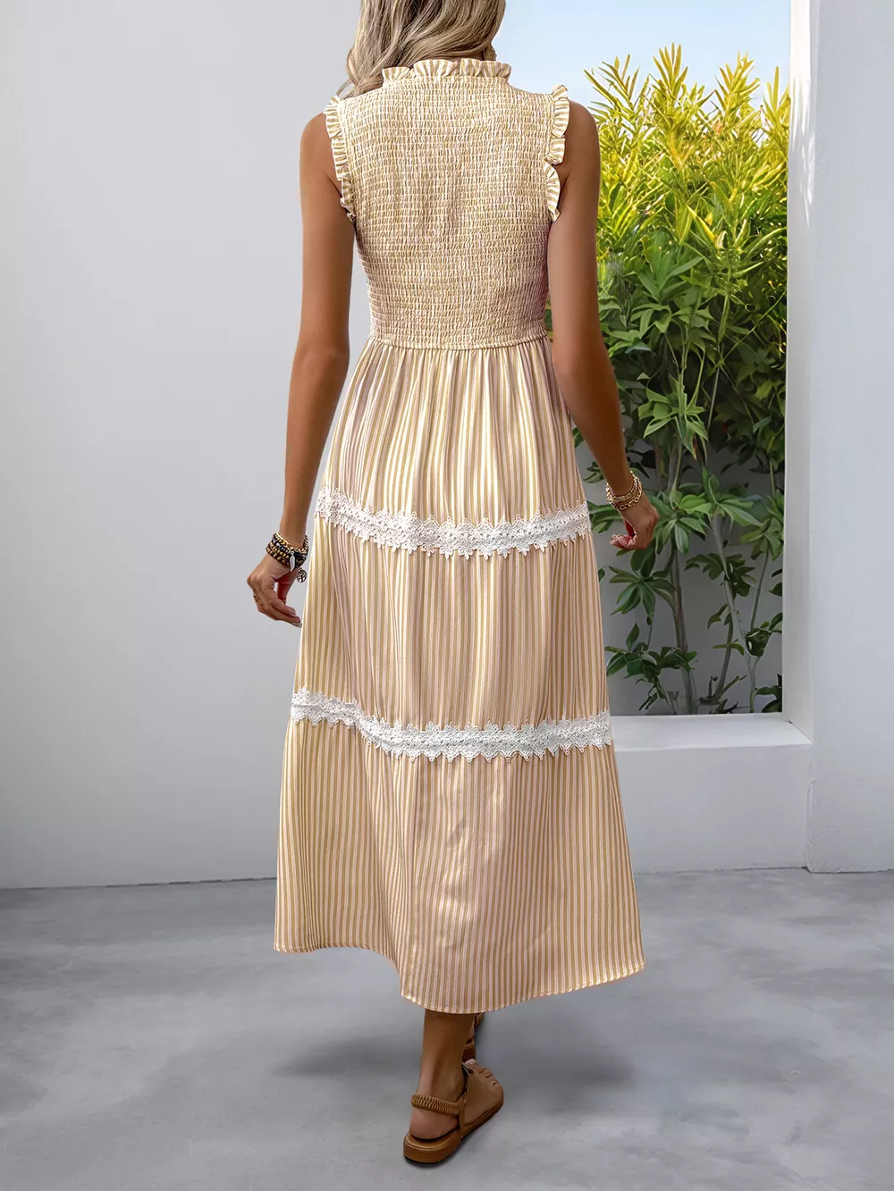 Striped Smocked Sleeveless Tiered Midi Dress, image 8