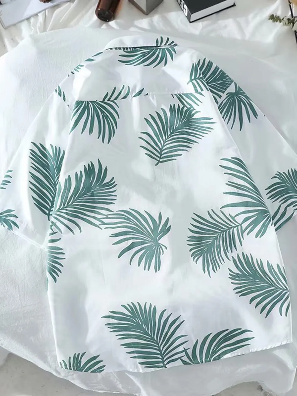 Men's Leaf Print Button Up Short Sleeve Shirt, image 3