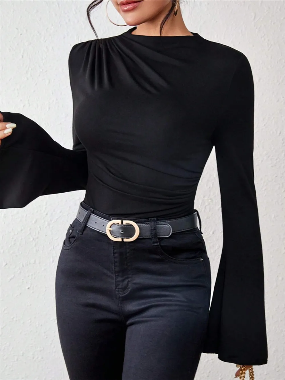 Bell Sleeve Ruched Fitted T-Shirt with Mock Neck, image 7