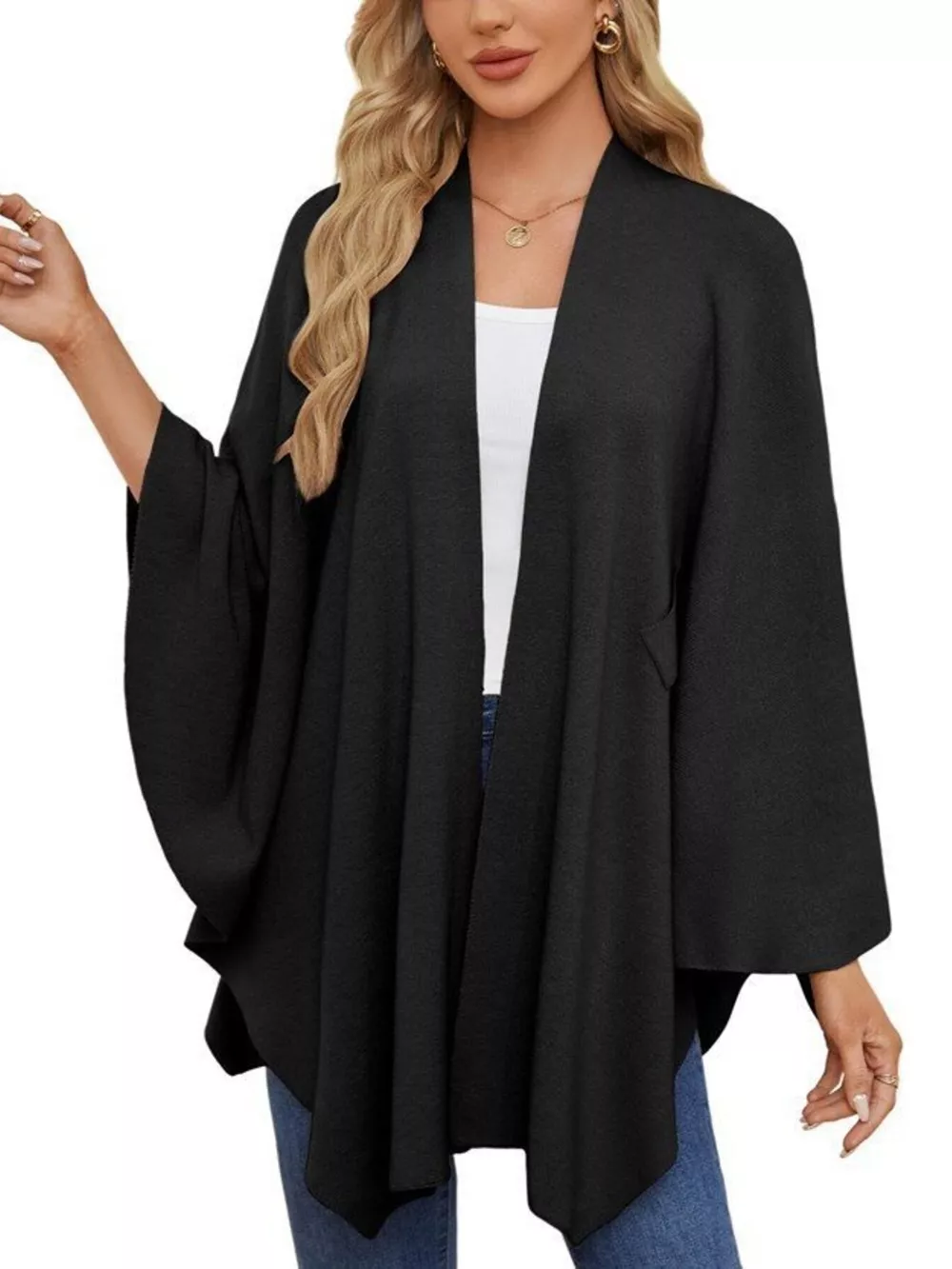 Solid Color Tie-Front Knit Cape Top, image 24