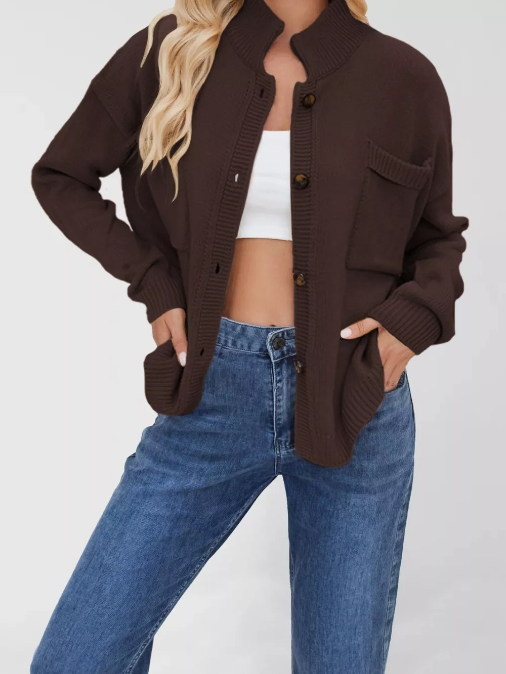 Button Up Dropped Shoulder Cardigan, image 5