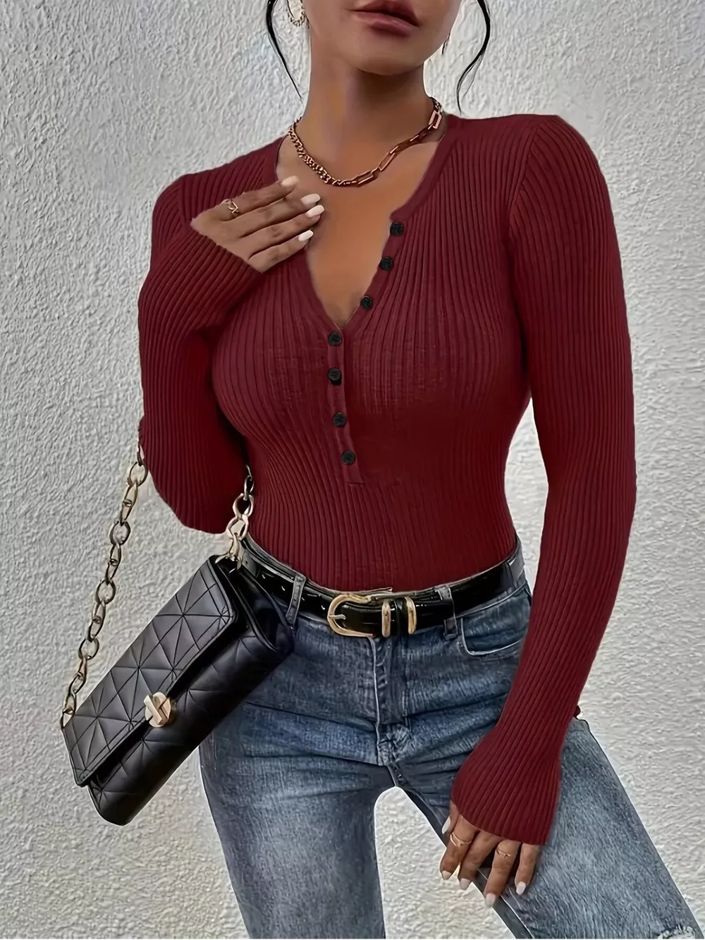 Ribbed Knit Button Front Knit Top, image 13
