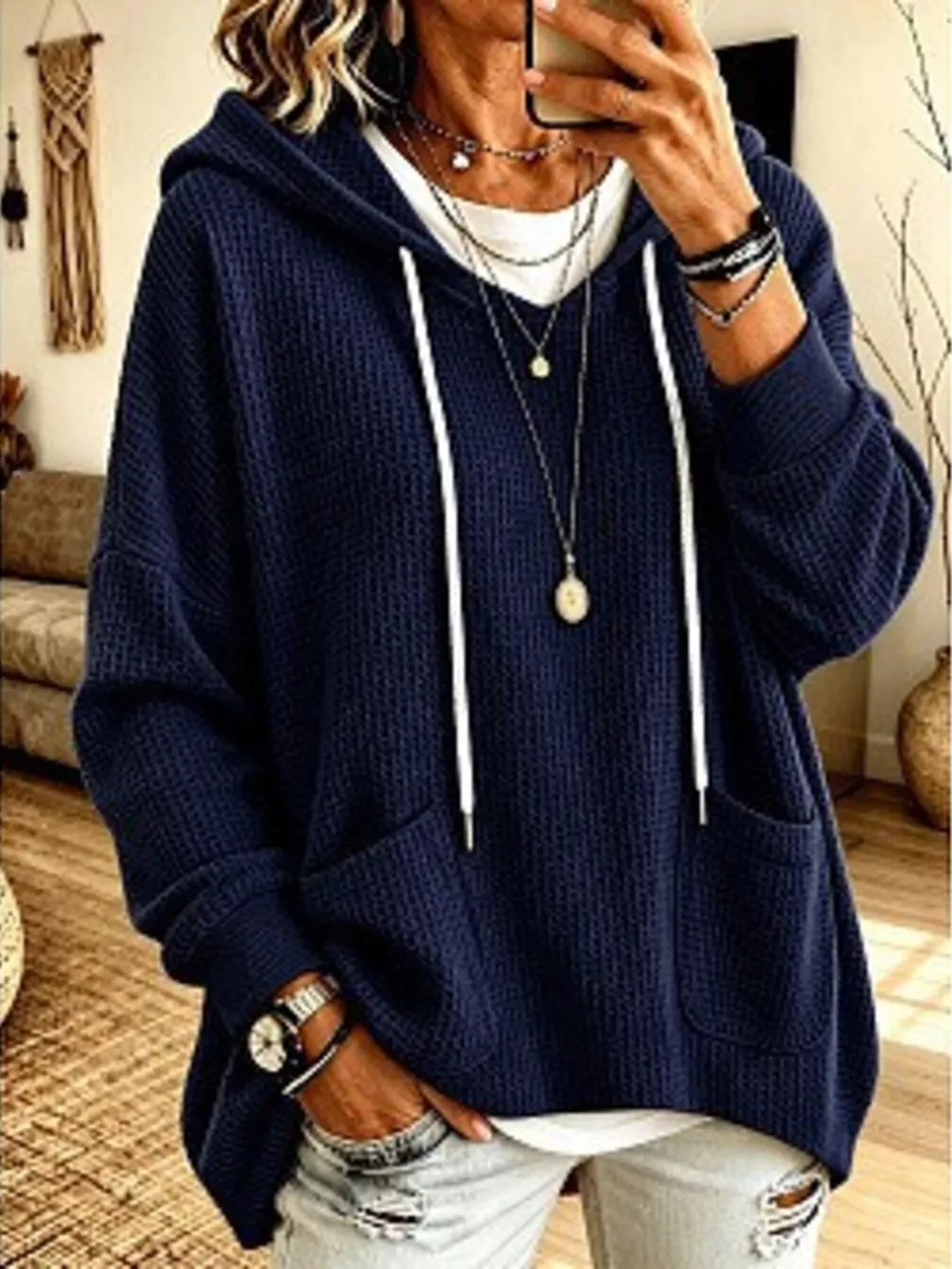 Full Size Waffle Knit Hoodie with Pockets Plus Size, image 4