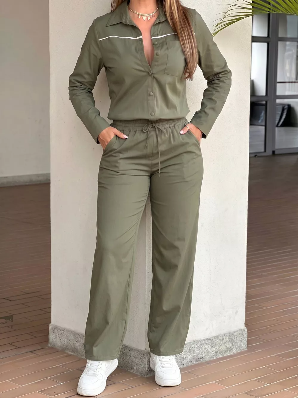 Button Front Jumpsuit with Drawstring Waist, image 3