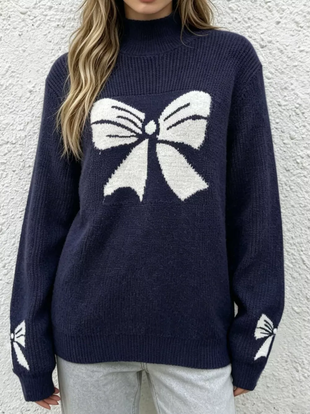 Bowknot Pattern Mock Neck Sweater, image 2