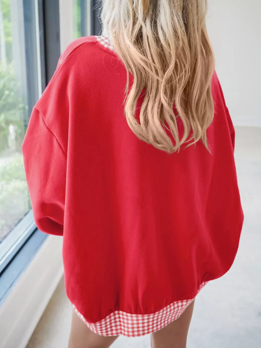 Gingham Trim Dropped Shoulder Sweatshirt, image 4