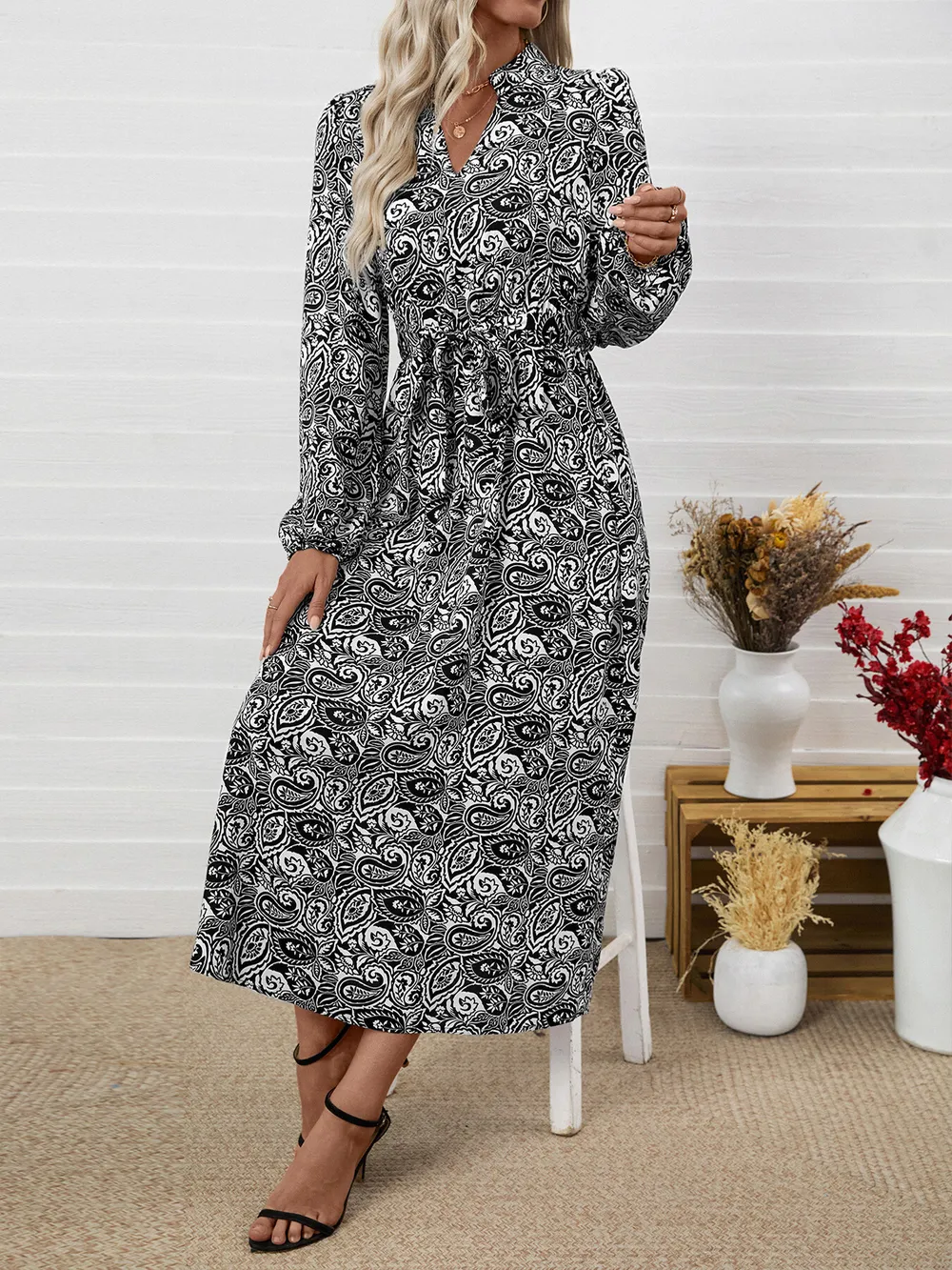 Paisley Print Long Sleeve Midi Dress, image 4