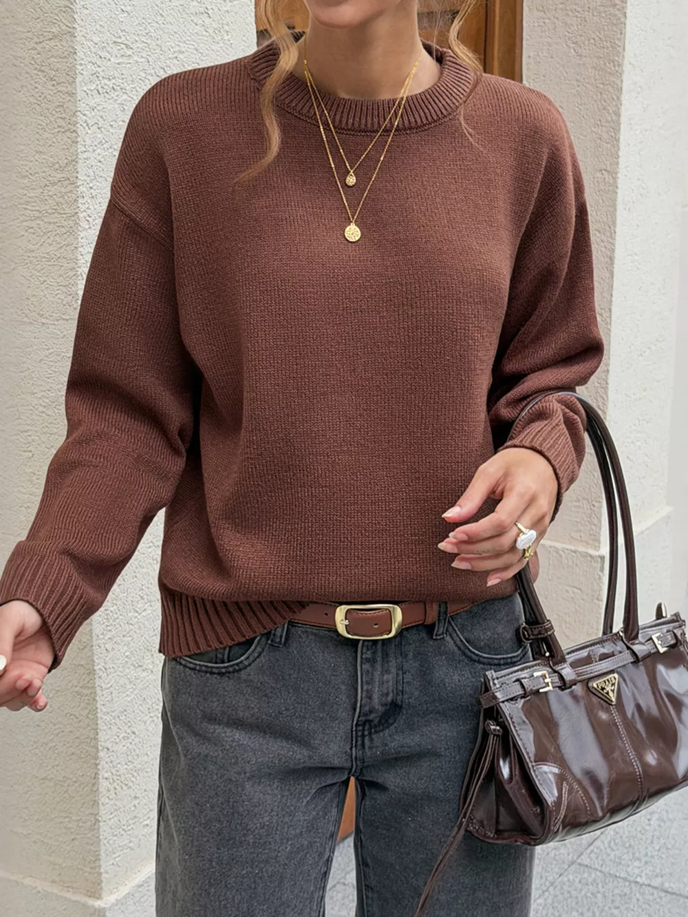 Crew Neck Ribbed Hem Sweater, image 3